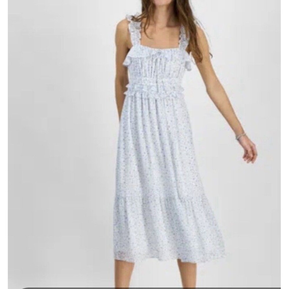 Kingston Grey Juniors Ruffled Square Neck Sleeveless Midi Dress Blue Floral‎ XS